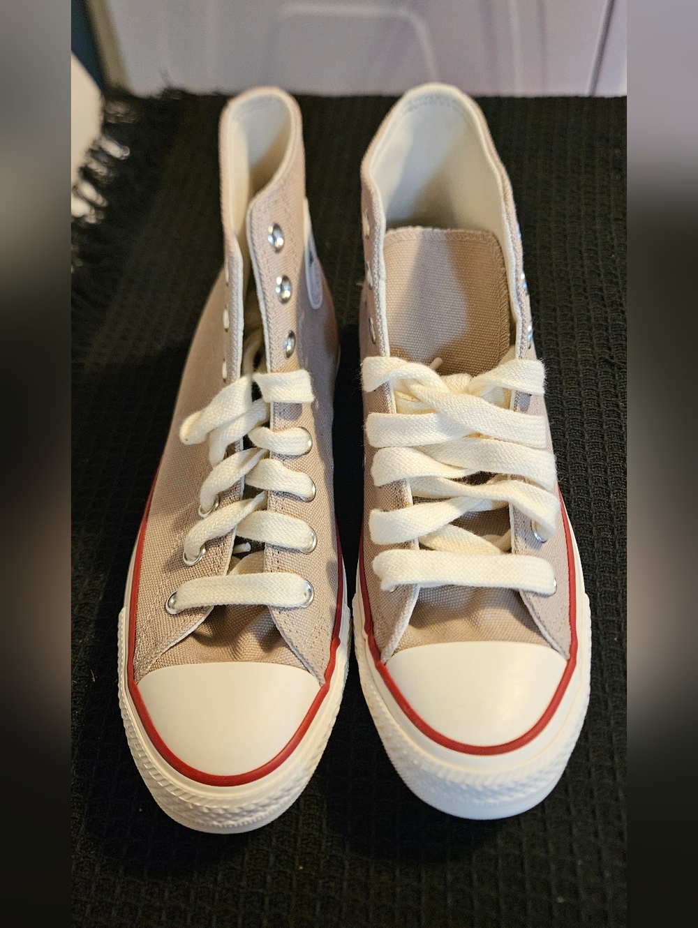 Converse High-Top Canvas Sneakers in Beige with Red Trim